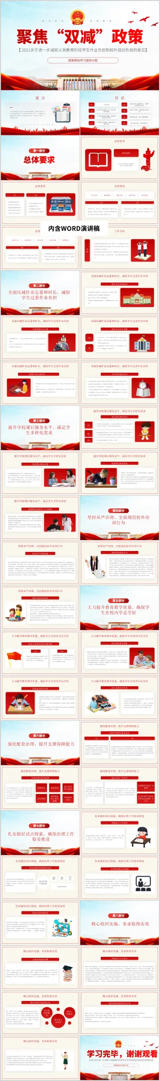 2021聚焦双减政策校外培训负担小学义务教育党课PPT模板