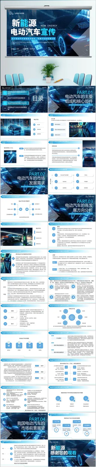 蓝色商务新能源电动汽车PPT模板设计
